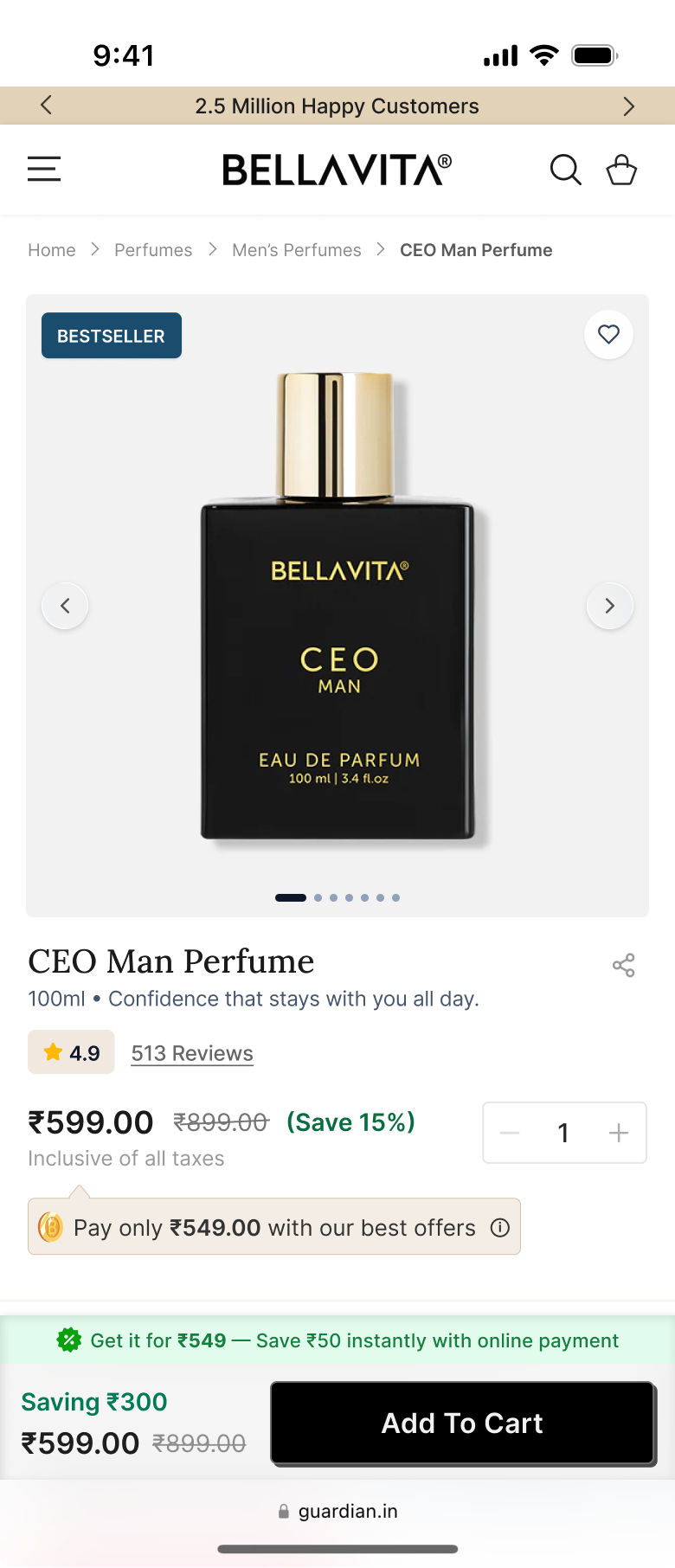 Redesigned Bellavita PDP first fold for CEO Man Perfume, showing the product name, storytelling subtitle, rating, price block and a sticky add-to-cart bar.