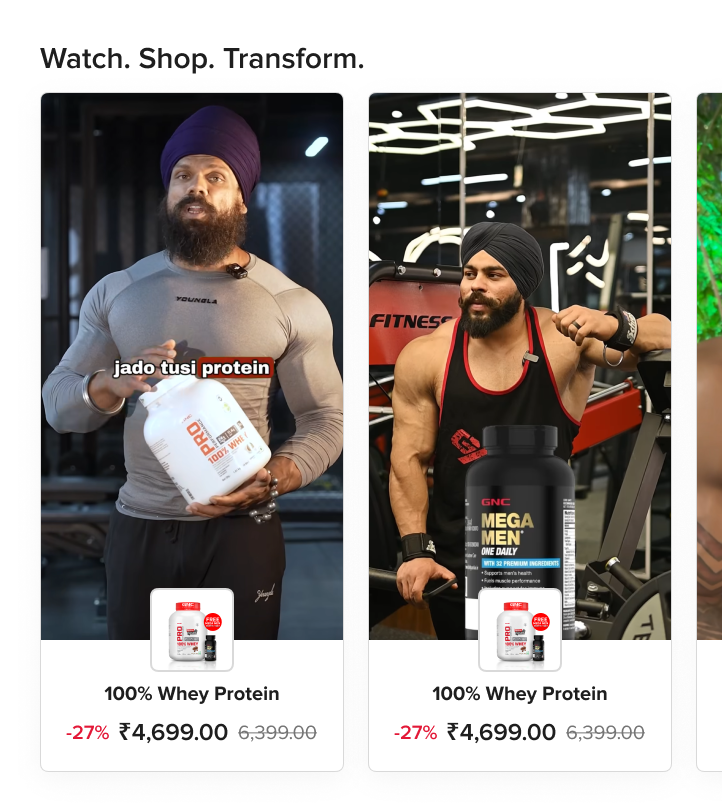 Watch. Shop. Transform. — a carousel of creator videos, each with the product attached beneath and a discounted price.