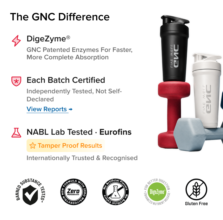 The GNC Difference section listing DigeZyme patented enzymes, Each Batch Certified with a View Reports link, NABL Lab Tested by Eurofins with a Tamper Proof Results tag, and a row of certification badges.
