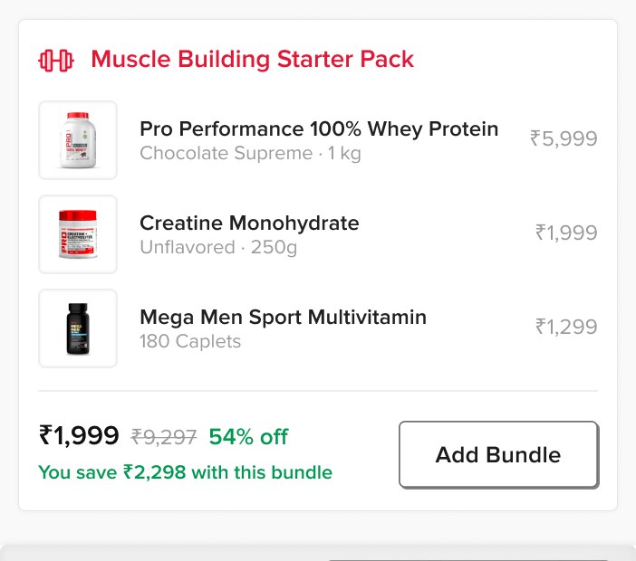 Muscle Building Starter Pack recommended inside the cart, listing whey protein, creatine and a multivitamin with a bundle price, percentage saved and an Add Bundle button.